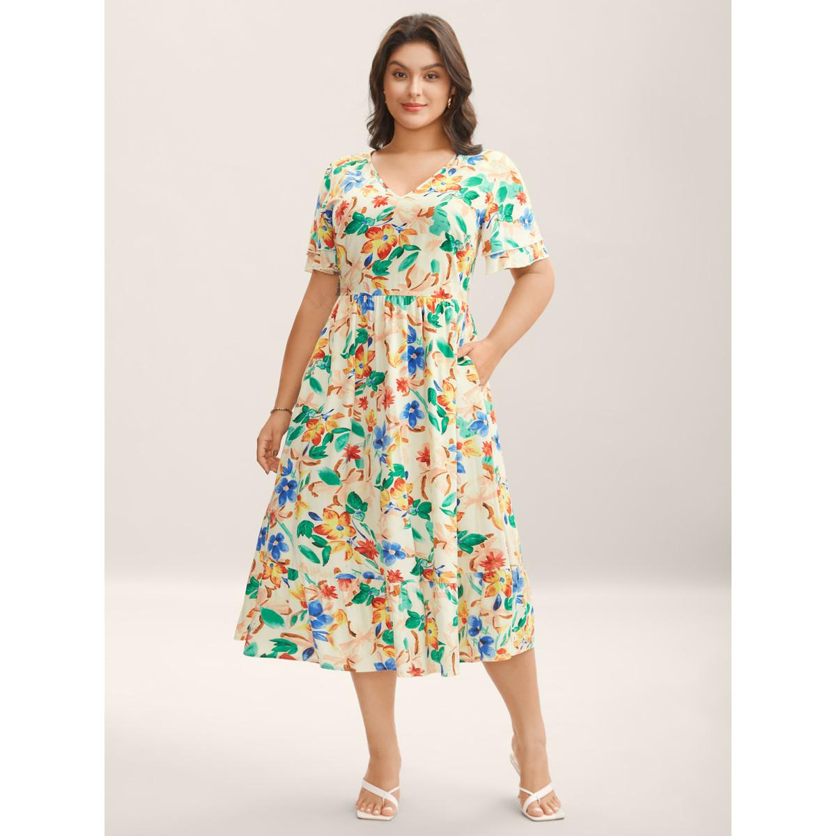 Plus Size Sunkissed Florals Pockets Midi Dress Apricot Women V-neck Short sleeve Curvy BloomChic 18-20/2X Product Image