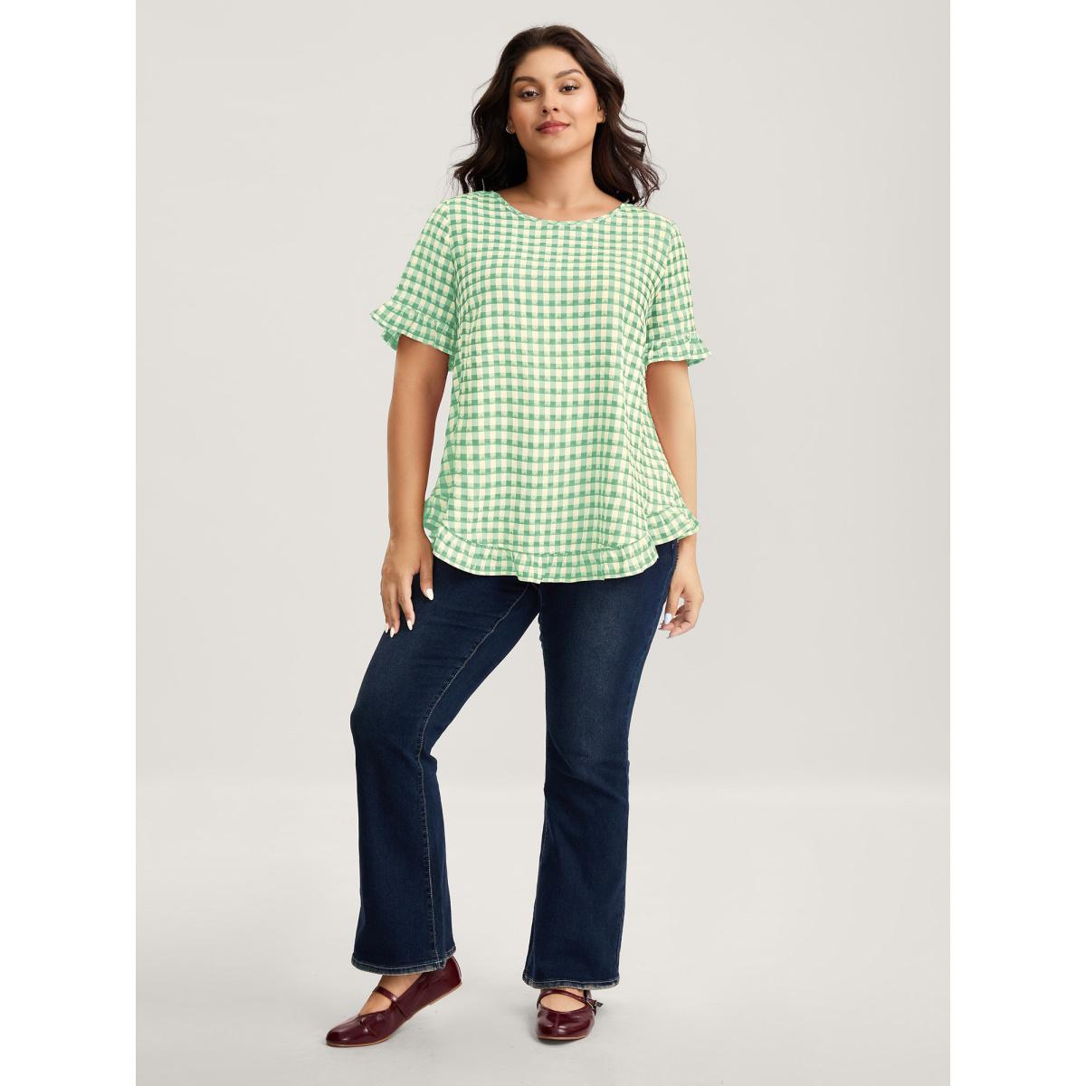 Plus Size Malachitegreen Gingham Print Button Back Blouse Women Short sleeve Round Neck Everyday-Casual Blouses BloomChic 12/L Product Image