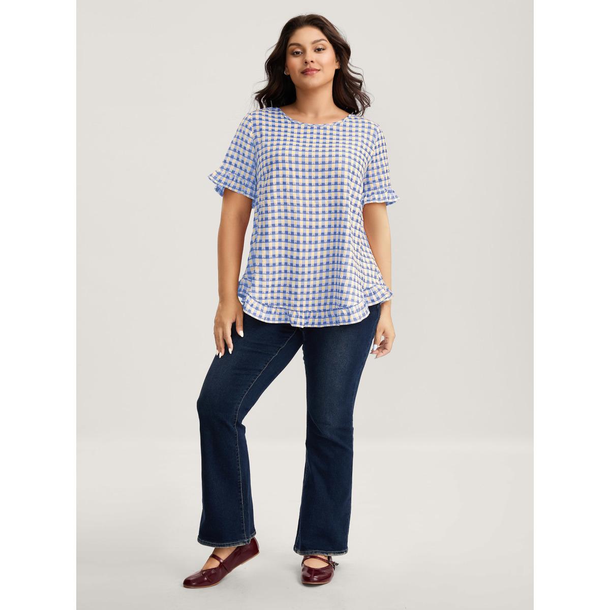 Plus Size Malachitegreen Gingham Print Button Back Blouse Women Short sleeve Round Neck Everyday-Casual Blouses BloomChic 28/5X Product Image