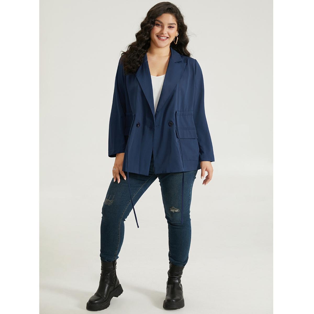 Plus Size Button Up Drawstring Pocket Blazer Indigo Women Office Plain Plain Sleeve Long Sleeve Lapel Collar 26/4X Pocket At the Office Blazers BloomChic Product Image