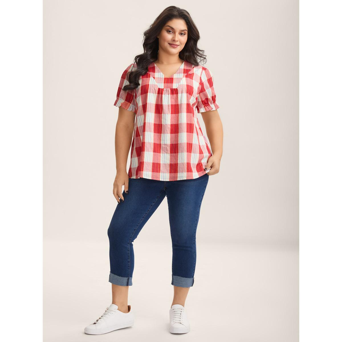 Plus Size Multicolor Cotton Plaid Print V-Neck Puffy Sleeve Blouse Women Playful Short sleeve V-neck Casual Blouses BloomChic 30/6X Product Image