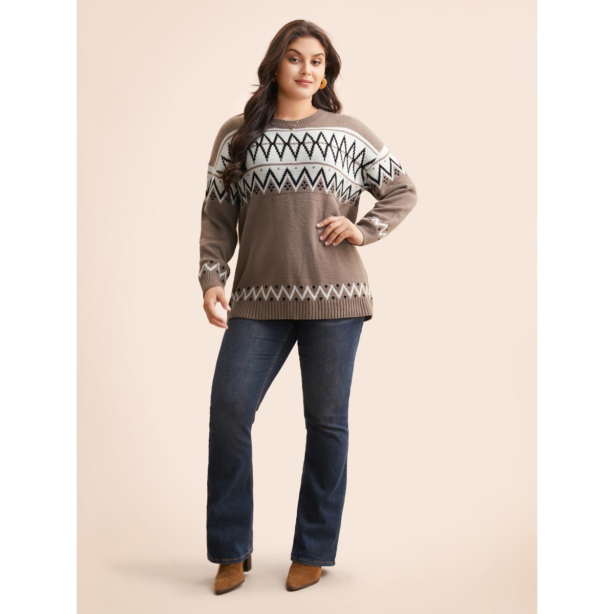 Plus Size Round Neck Geometric Drop Shoulder Cardigan Beige Women Casual Loose Long Sleeve Round Neck Everyday Pullovers BloomChic 10/M Product Image