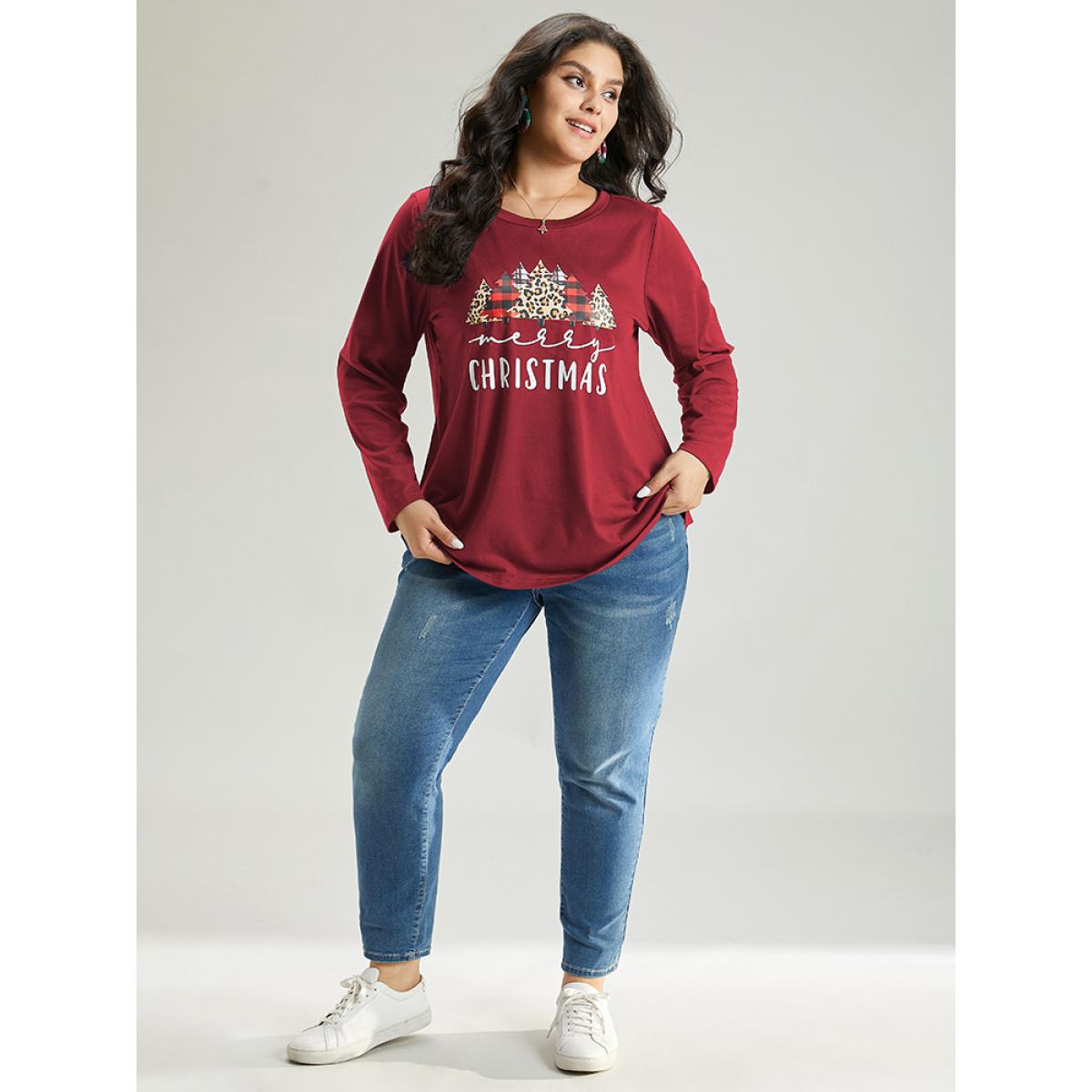 Plus Size Christmas Trees Letter Print Round Neck T-shirt Raspberry Women Casual Printed Christmas Festival-Christmas T-shirts BloomChic 18-20/2X Product Image