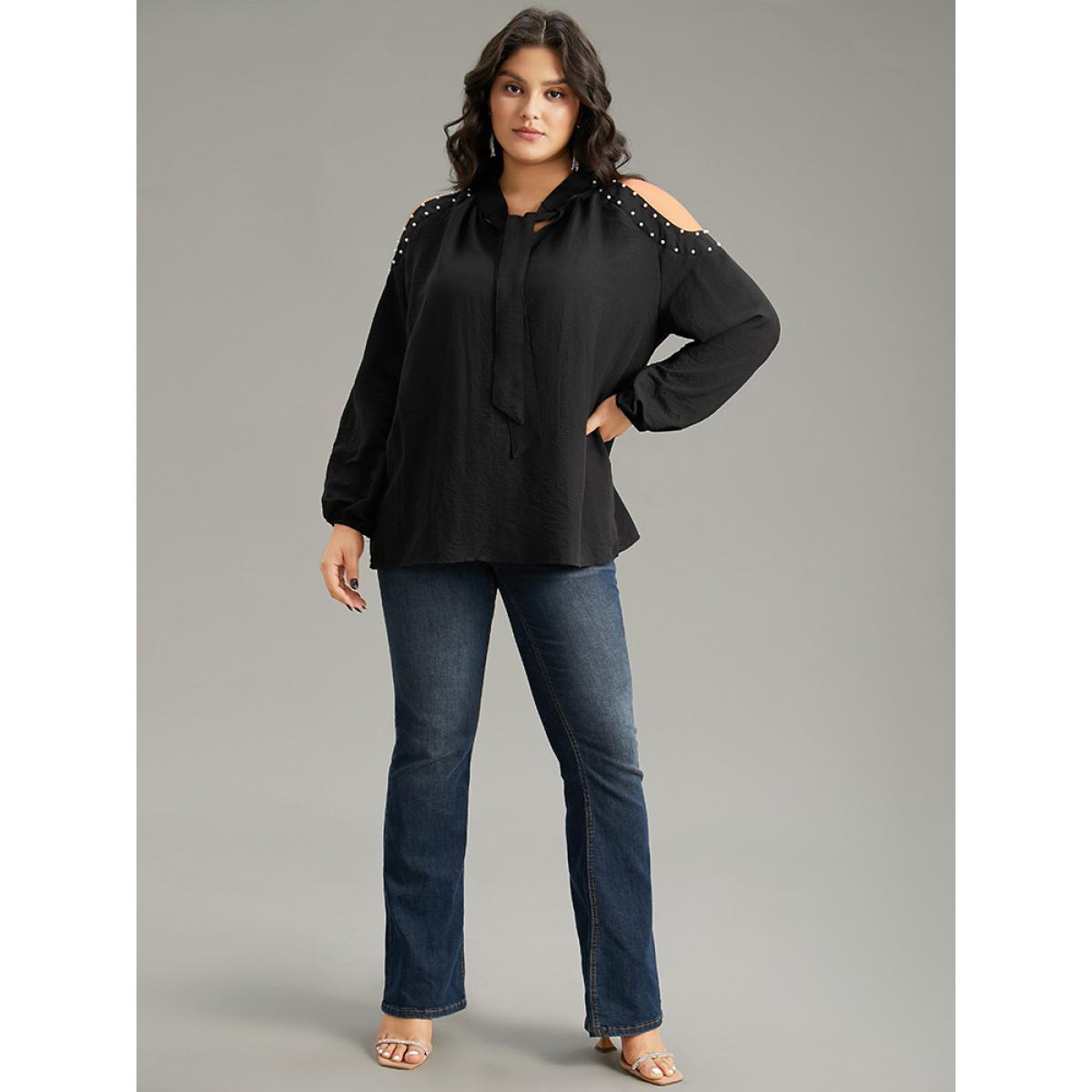 Plus Size Black Pearl Beaded Cold Shoulder Keyhole Bowknot Blouse Women Glamour Long Sleeve Cold Shoulder Going out Blouses BloomChic 30/6X Product Image