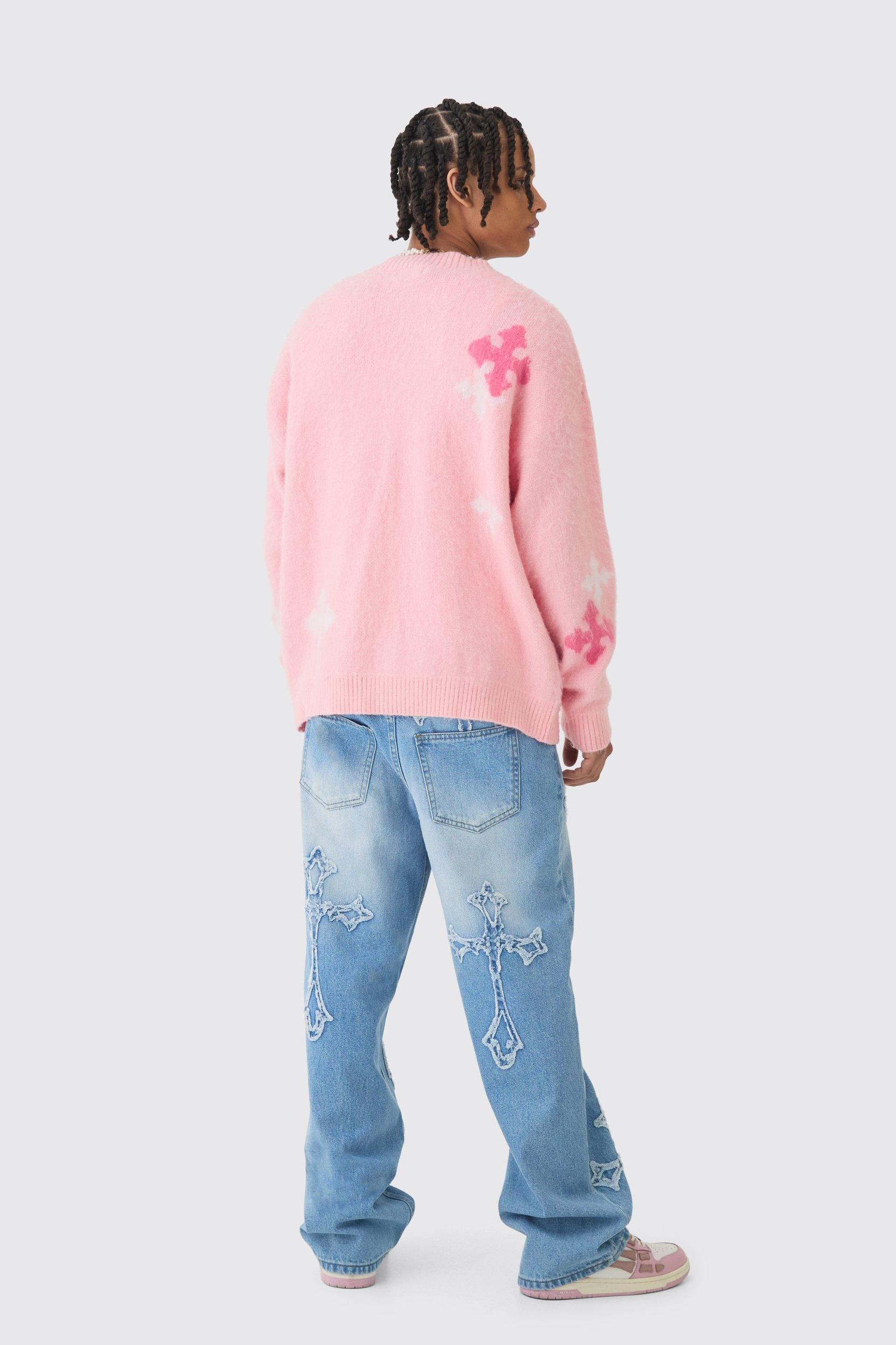 Baggy Rigid Washed Blue Cross Applique Jeans | boohooMAN USA Product Image