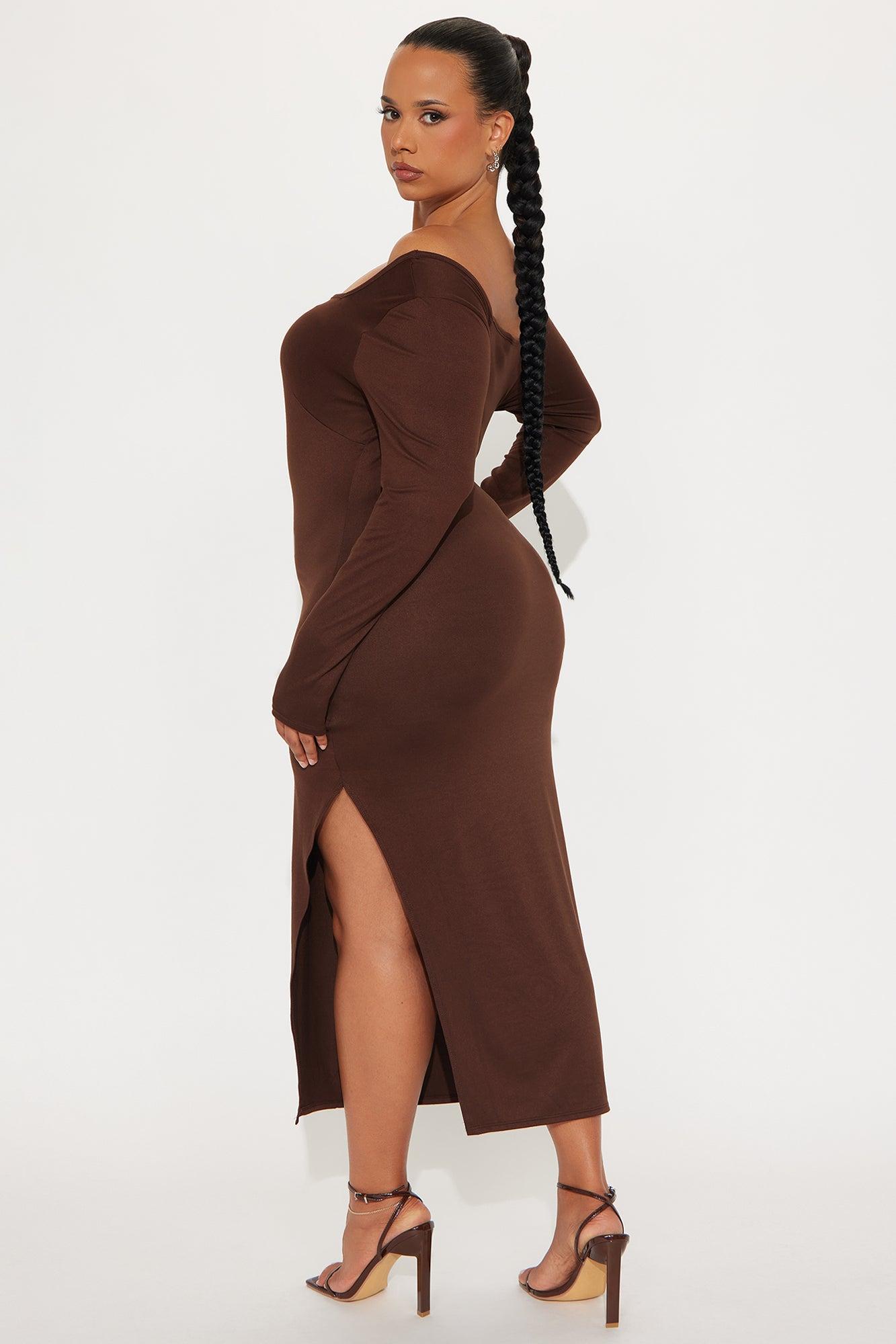 Espresso Please One Shoulder Midi Dress - Brown Female Product Image