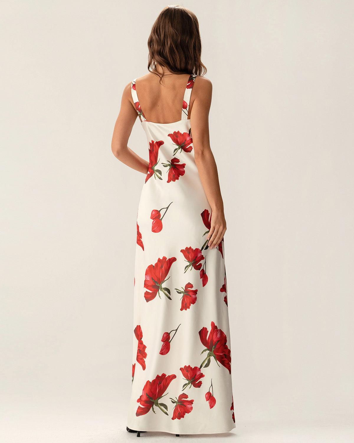 Red Floral Satin Slip Maxi Dress Product Image
