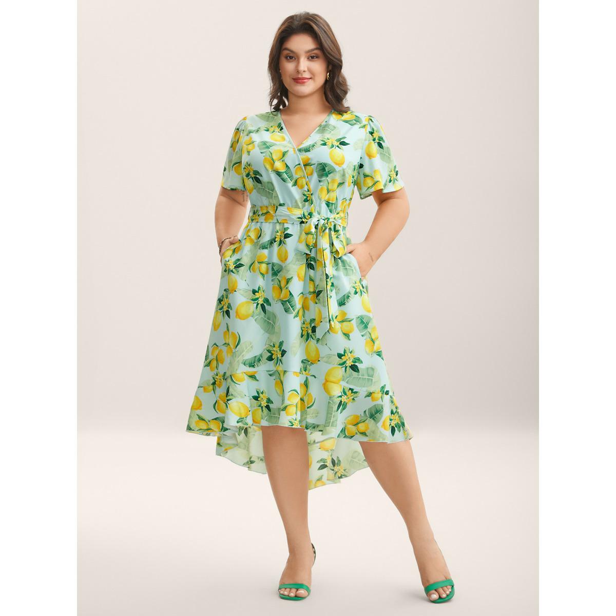 Plus Size Citrus Print Ruffled Hem Belted Midi Dress LightBlue Women Overlap Collar Short sleeve Curvy BloomChic 22-24/3X Product Image