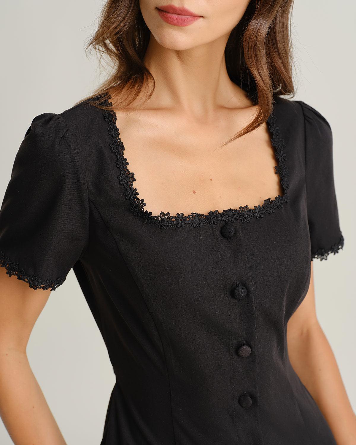 Black Square Neck Button Mini Dress Product Image