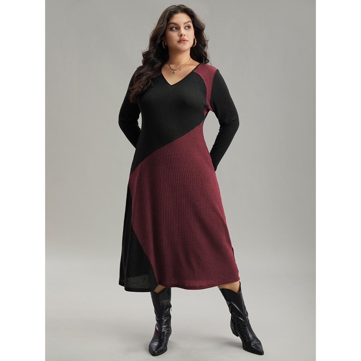 Plus Size Two Tone Patchwork V Neck Dress Burgundy Women Casual Patchwork V-neck Long Sleeve Curvy Midi Dress BloomChic 22-24/3X Product Image