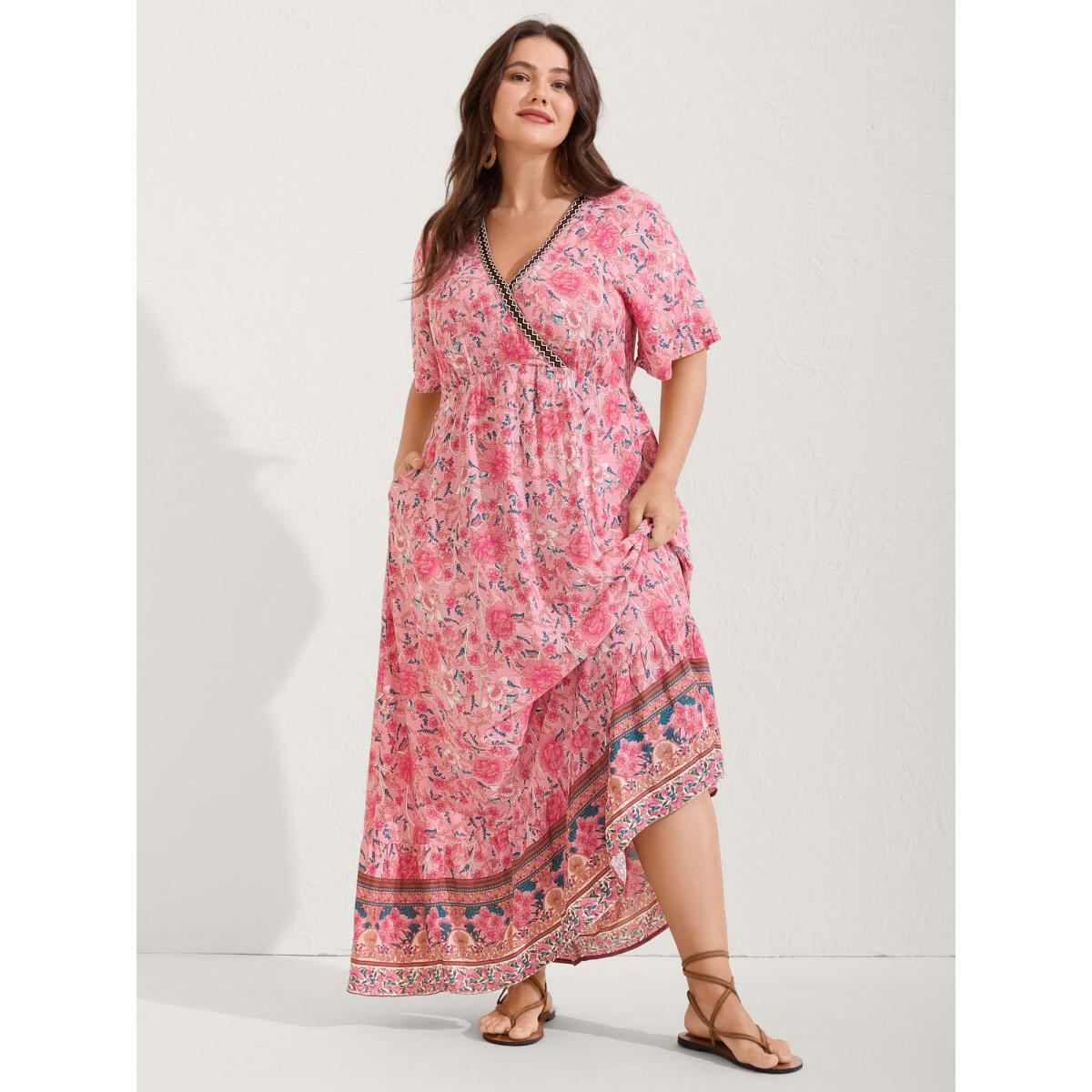Plus Size Rosy Floral Print Lace Maxi Dress Blush Women Boho Overlap Collar Short sleeve Curvy BloomChic 28/5X Product Image