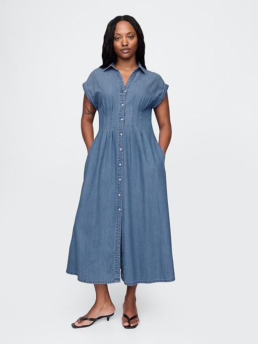 Denim Pleated Maxi Shirtdress Product Image