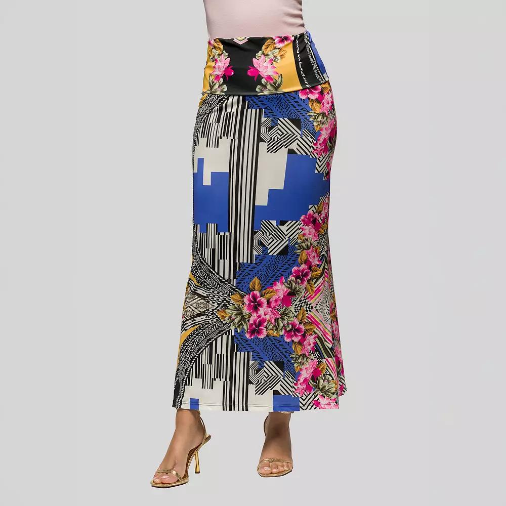 Women's 24Seven Comfort Apparel Floral Print Foldover Waist Maxi Skirt, Size: Large, Blue Team Product Image