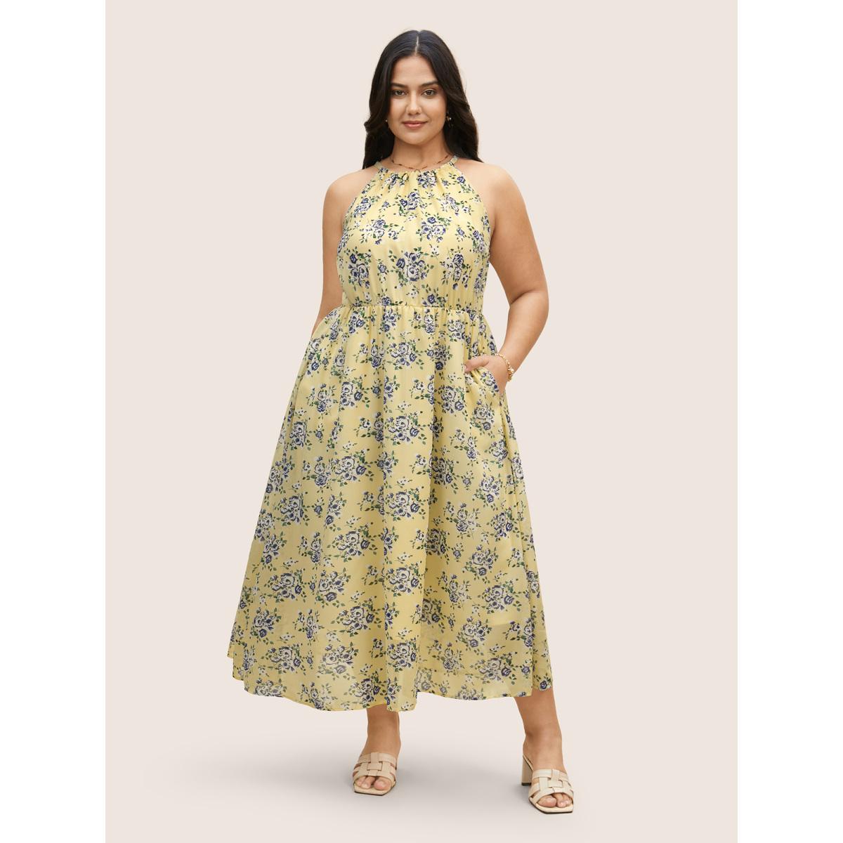 Plus Size Halter Neck Floral Elastic Waist Dress Lightyellow Women Elegant Halter neck Sleeveless Curvy BloomChic 12/L Product Image