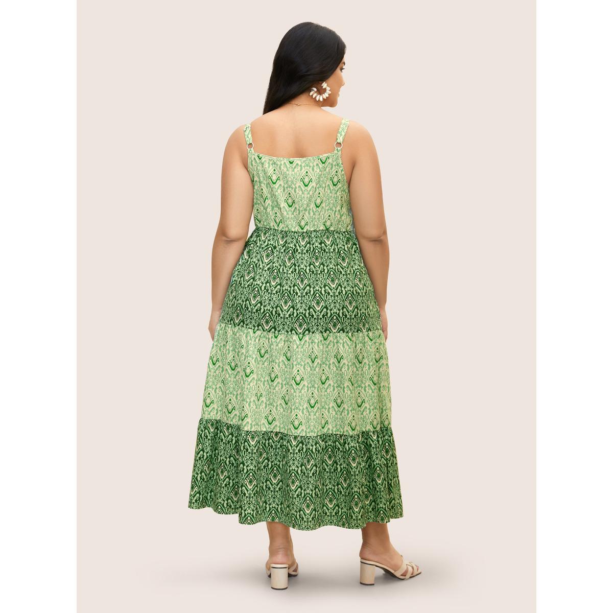 Plus Size Boho Print Frill Trim Ruffle Layered Hem Dress Moss Women Resort V-neck Sleeveless Curvy BloomChic 18-20/2X Product Image