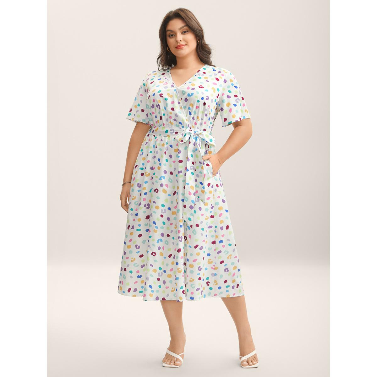 Plus Size Multi-Color Leopard Print Surplice Midi Dress Beige Women Overlap Collar Short sleeve Curvy BloomChic 26/4X Product Image