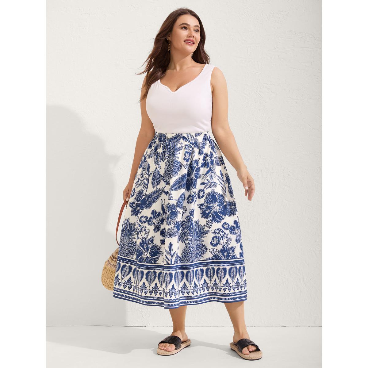 Plus Size Floral Print A-Line Maxi Skirt Women LightBlue Resort Loose No stretch Side seam pocket Vacation Skirts BloomChic 10/M Product Image