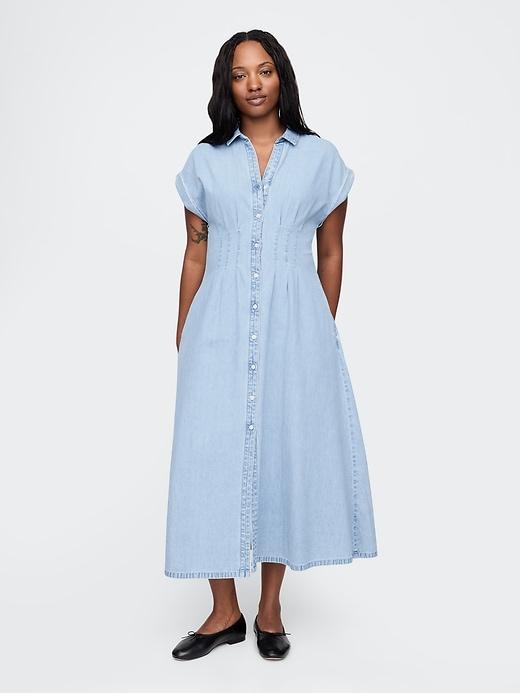 Denim Pleated Maxi Shirtdress Product Image