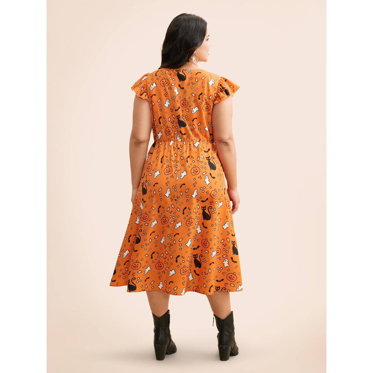 Plus Size Pumpkin Printed Ruffle Sleeves Midi Dress Brightorange Women Playful Ruffles Party Curvy Bloomchic 14-16/1X Product Image