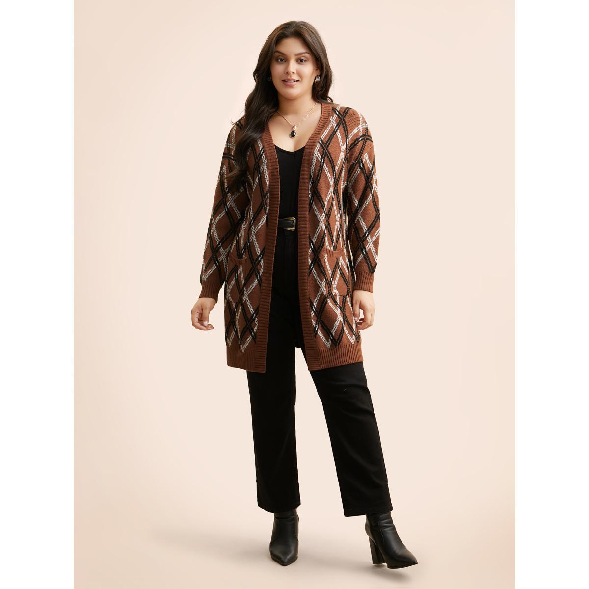 Plus Size Plaid Pocket Drop Shoulder Sleeve Cardigan Yellowishbrown Women Leisure Loose Long Sleeve Casual Cardigans BloomChic 14-16/1X Product Image