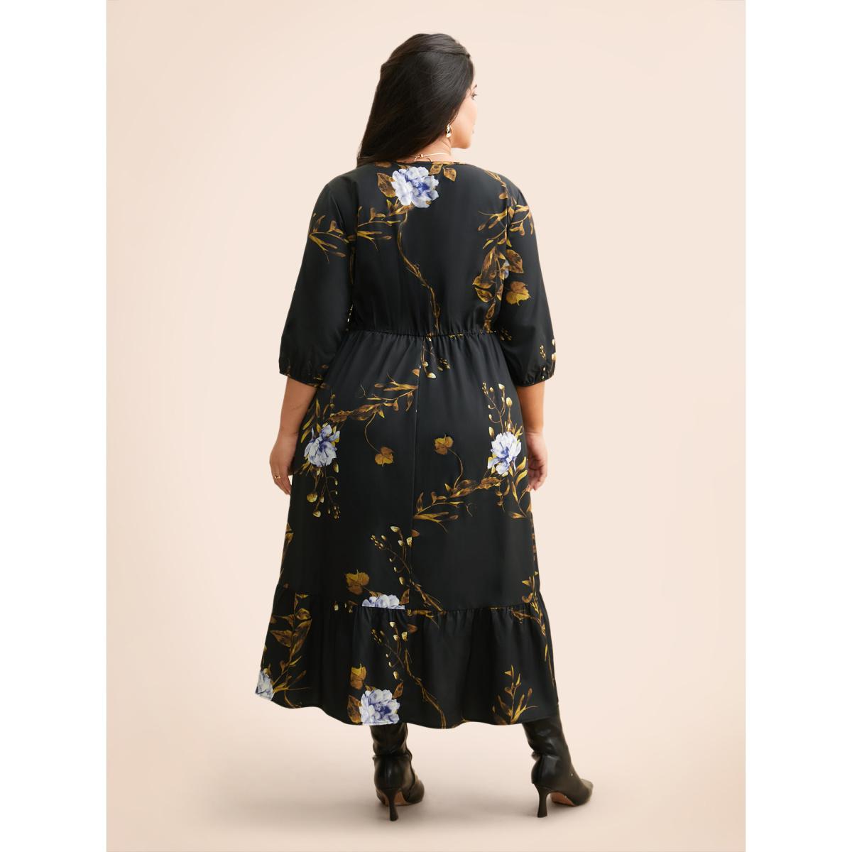 Plus Size Floral Print V Neck Lantern Sleeve Dress BlackFlower Women Elegant Non V-neck Elbow-length sleeve Curvy BloomChic 30/6X Product Image