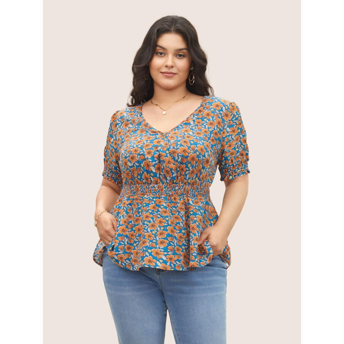 Plus Size Cerulean Floral Surplice Neck Shirred Lantern Sleeve Blouse Women Elegant Short sleeve Overlap Collar Everyday Blouses BloomChic 14-16/1X Product Image