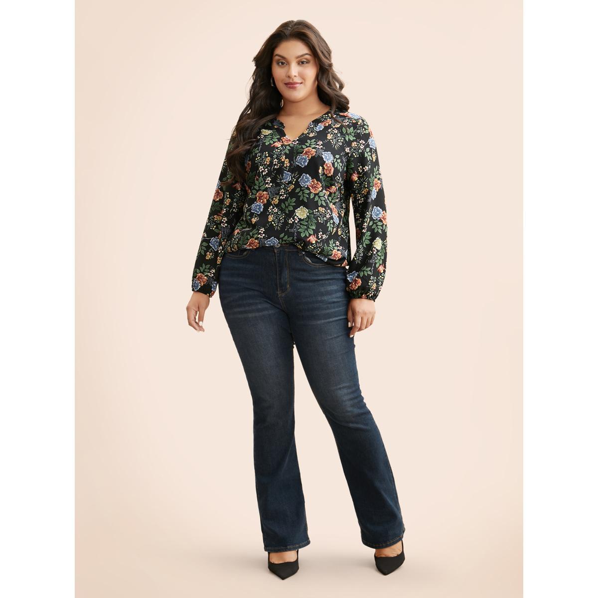 Plus Size Black Floral Notched Pleated Lantern Sleeve Blouse Women Elegant Extra Long Sleeve Notched collar Everyday Blouses BloomChic 12/L Product Image