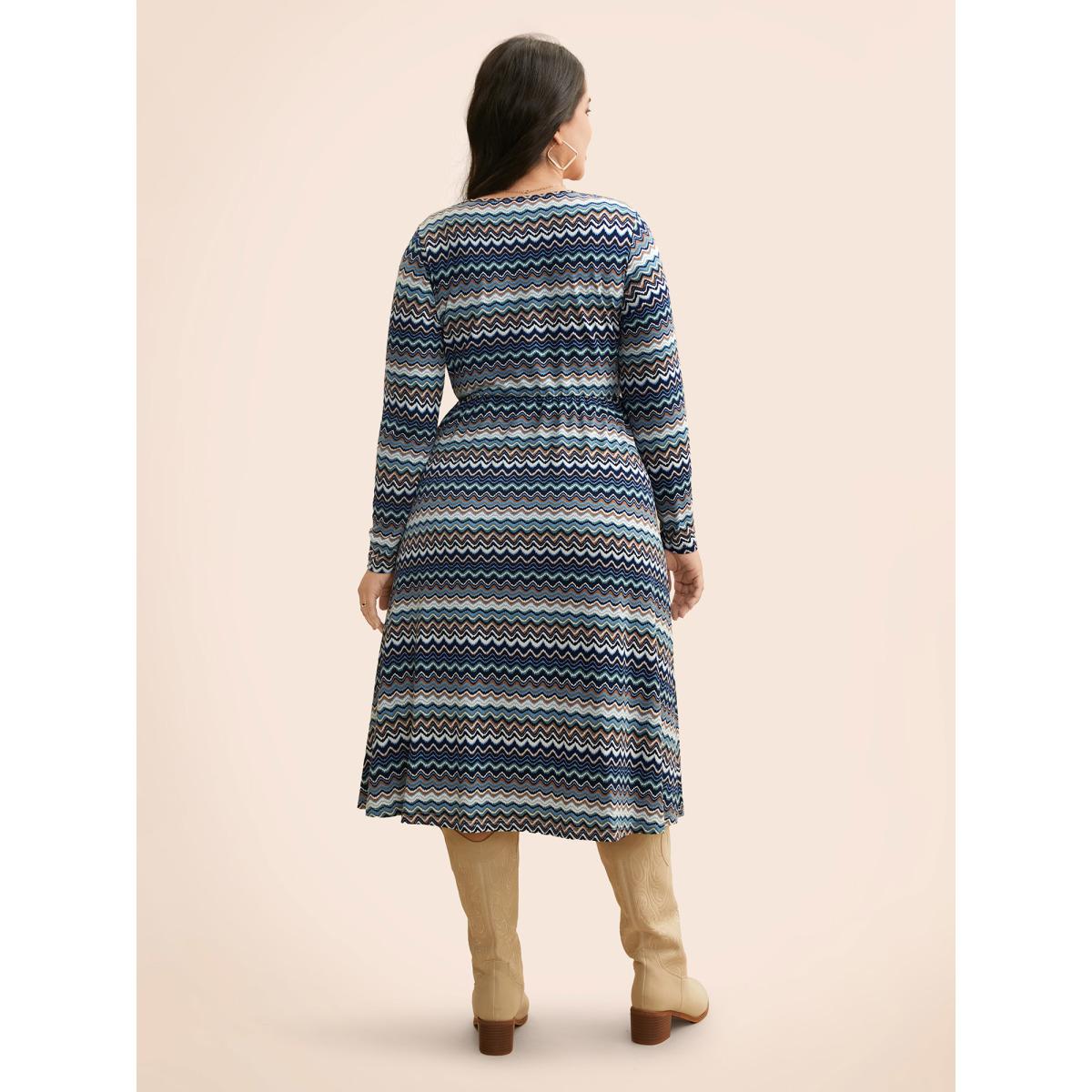 Plus Size Contrast Striped Crew Neck Midi Knit Dress Aegean Women Casual Contrast Knit Dresses Bloomchic 22-24/3X Product Image