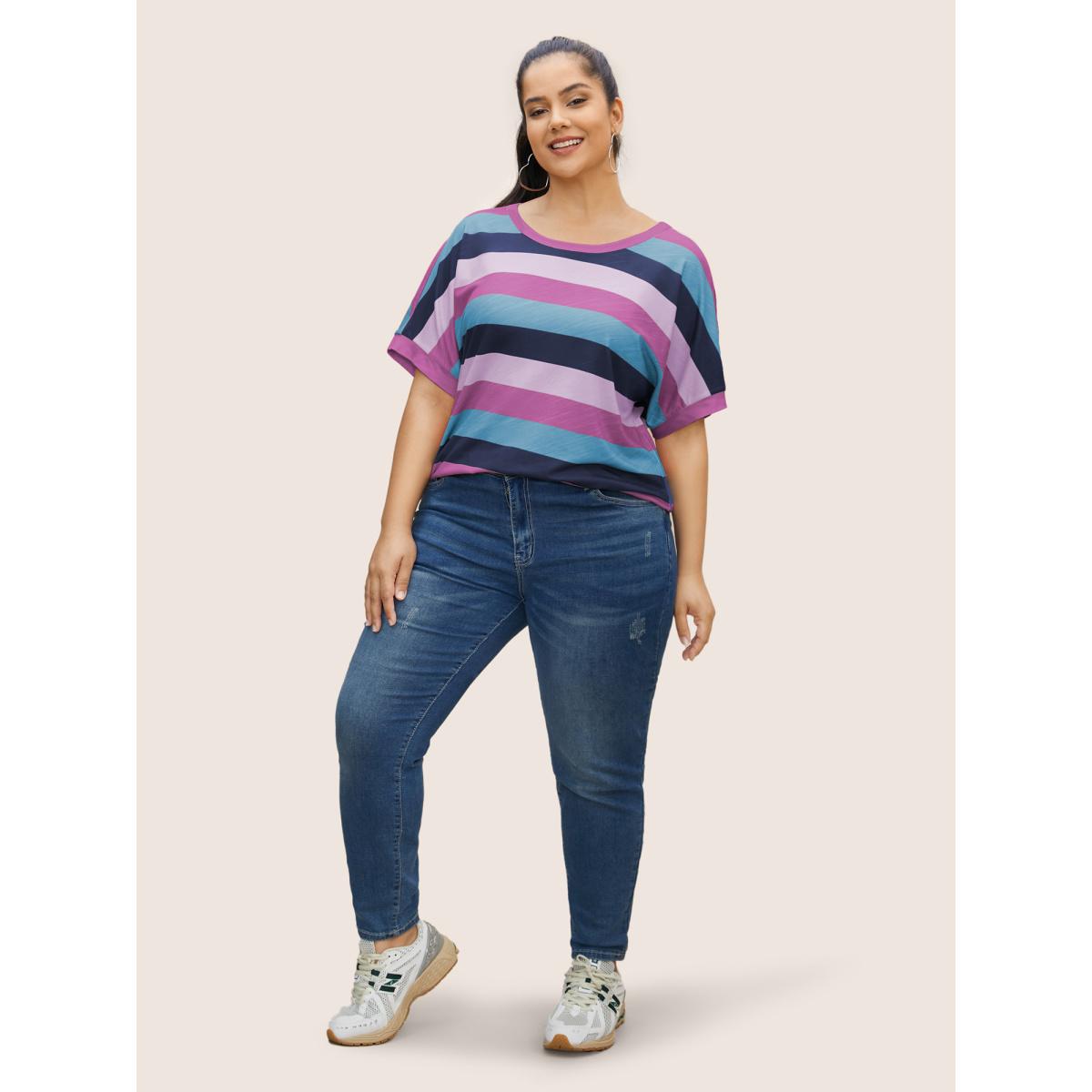 Plus Size Colored Striped Crew Neck Batwing Sleeve T-shirt Lilac Women Casual Contrast Round Neck Everyday T-shirts BloomChic 18-20/2X Product Image