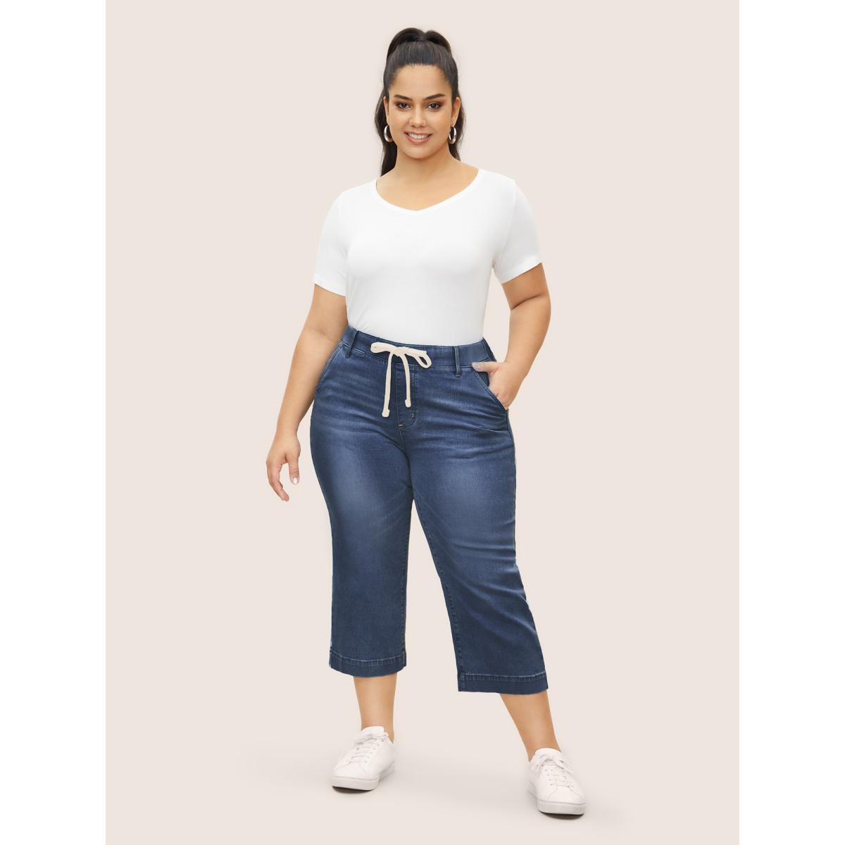 Plus Size Light Wash Drawstring Straight Leg Jeans Women Denimindigo Casual Drawstring High stretch Slanted pocket Jeans BloomChic 30/6X Product Image