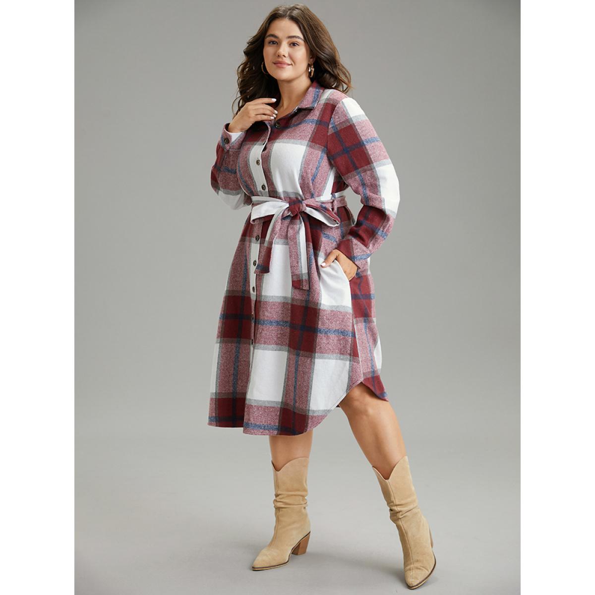 Plus Size Plaid Shirt Collar Button Through Belted Dress Scarlet Women Casual Belted Shirt collar Long Sleeve Curvy Midi Dress BloomChic 12/L Product Image