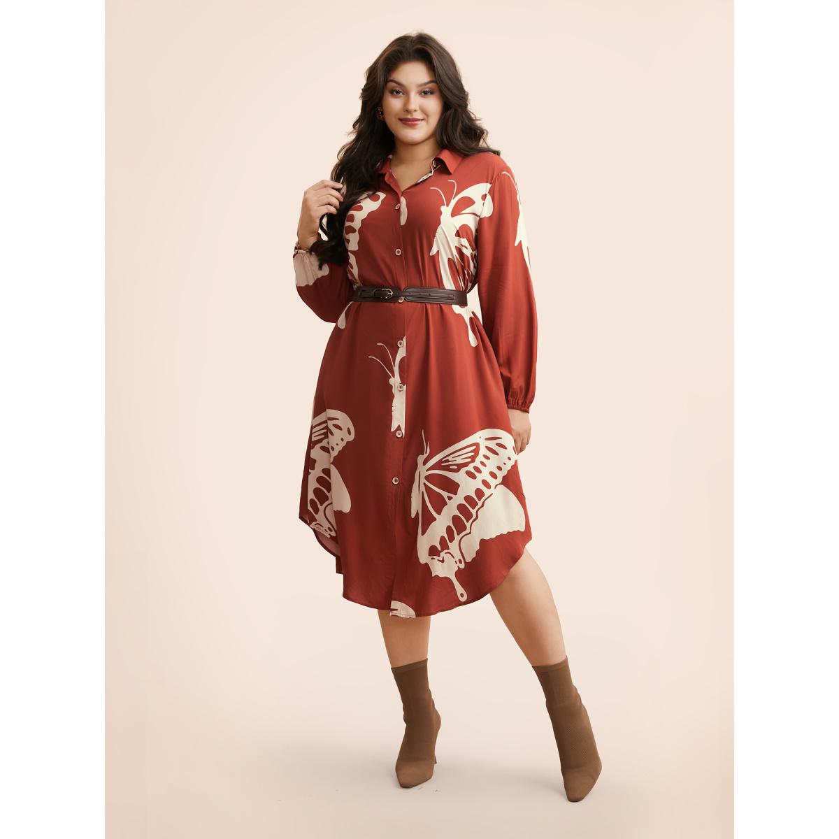 Plus Size Butterfly Print Curved Hem Midi Dress Rust Women Elegant Button Shirt collar Long Sleeve Curvy BloomChic 22-24/3X Product Image