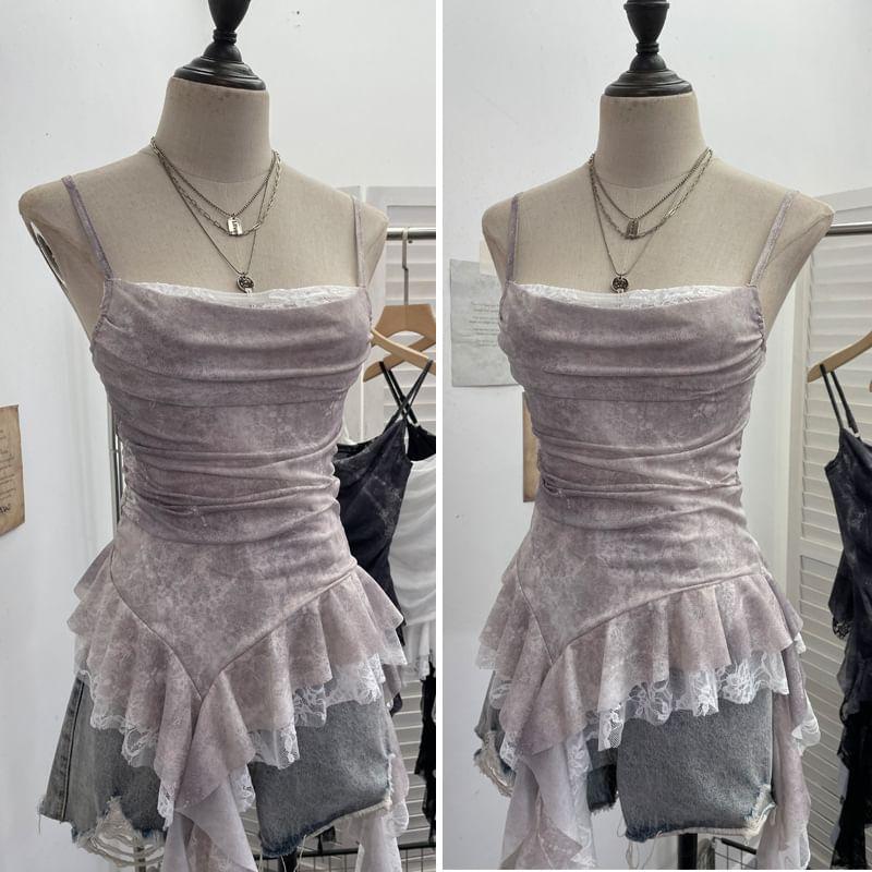 Asymmetrical Ruffle Trim Lace Panel Mesh Slim Fit Camisole Top Product Image