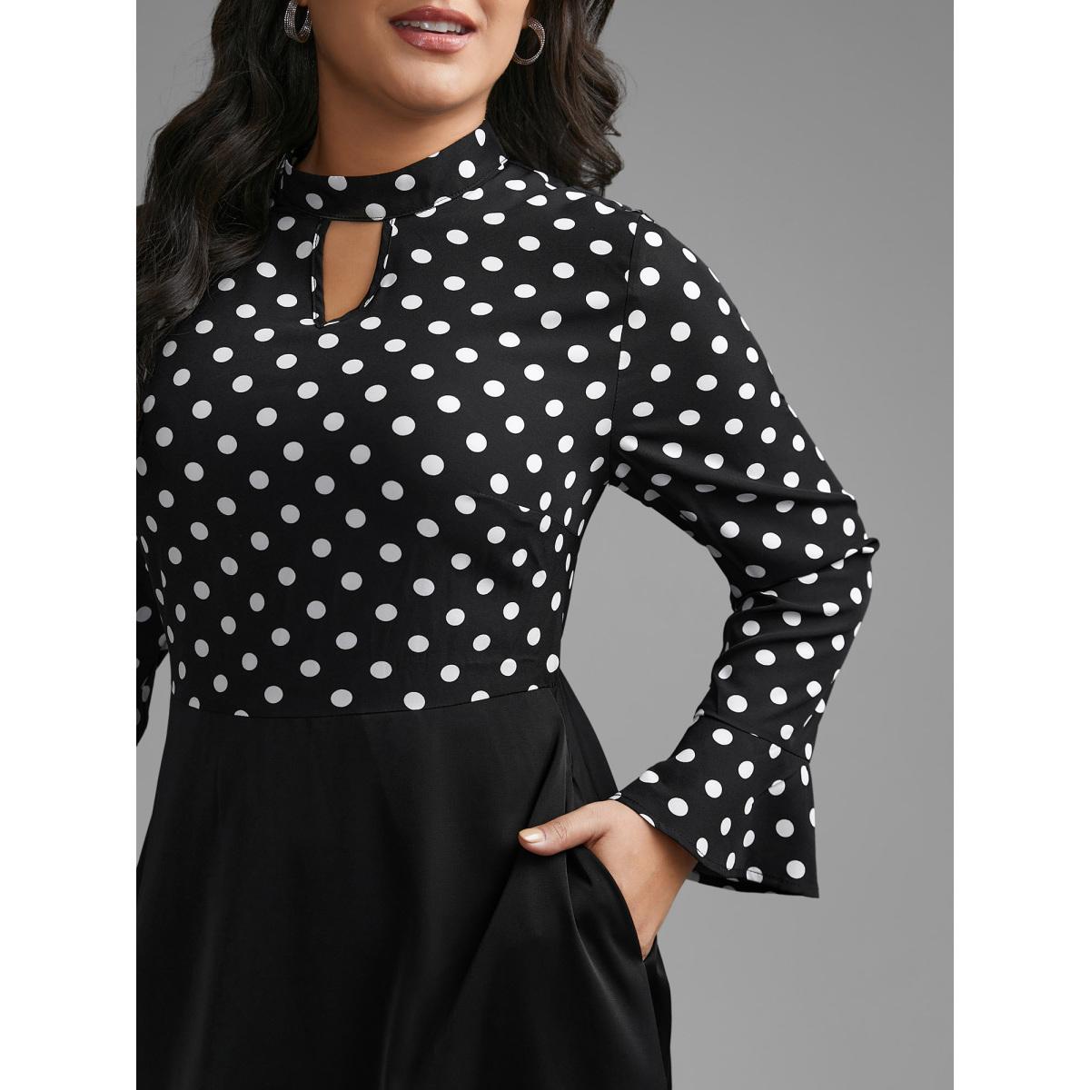 Plus Size Polka Dot Patchwork Keyhole Dress Black Women At the Office Patchwork Mock Neck Long Sleeve Curvy BloomChic 22-24/3X Product Image