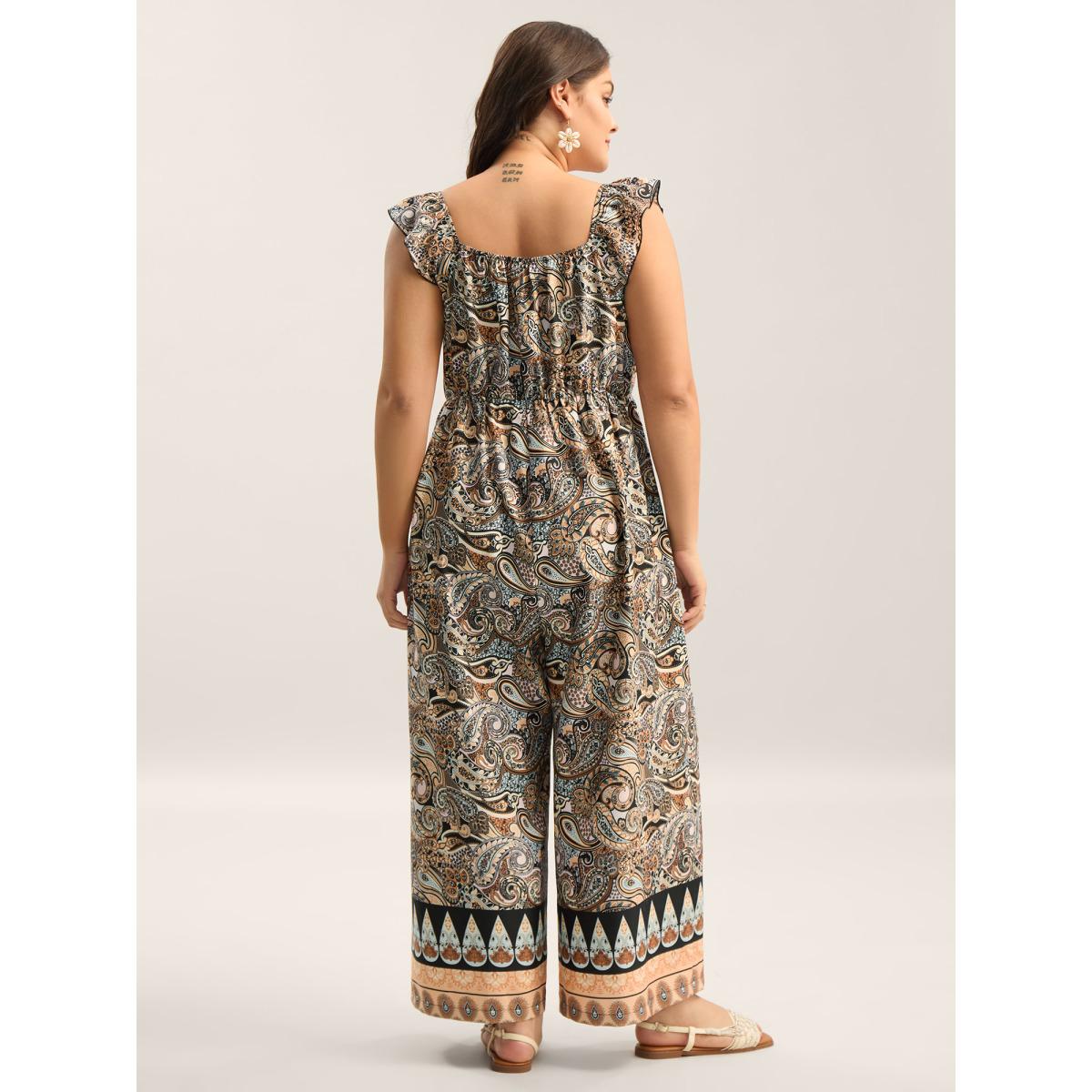 Plus Size BlackFlower Paisley Print Stretchy Waist Pockets Jumpsuit Women Sleeveless Square Neck Vacation Loose Jumpsuits BloomChic 10/M Product Image