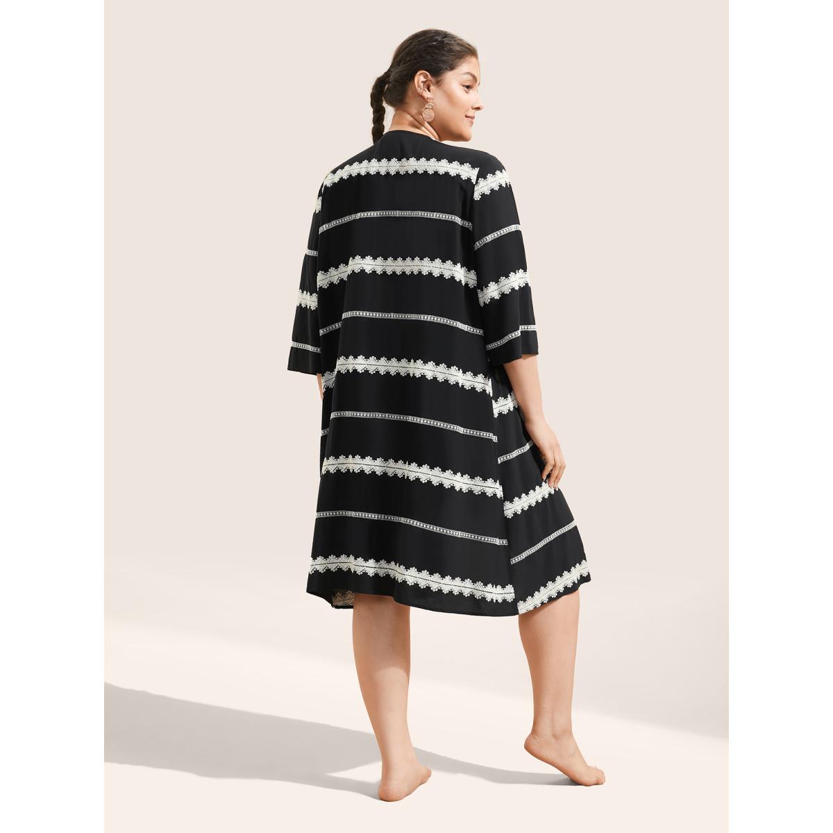 Plus Size Striped Embroidered Patchwork Kimono Women Black Resort Contrast Vacation Kimonos BloomChic 14-16/1X Product Image