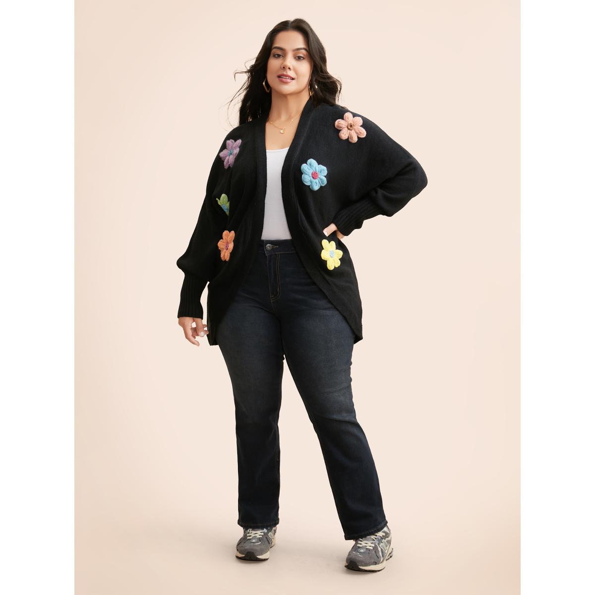 Plus Size Stereo Flower Design Drop Shoulder Cardigan Black Women Casual Loose Long Sleeve Everyday Cardigans BloomChic 30/6X Product Image