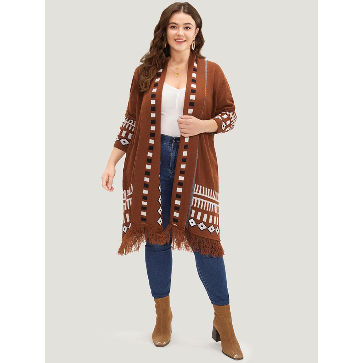 Plus Size Geometric Tassel Trim Open Front Cardigan Maroon Women Casual Loose Long Sleeve Dailywear Cardigans BloomChic 14-16/1X Product Image