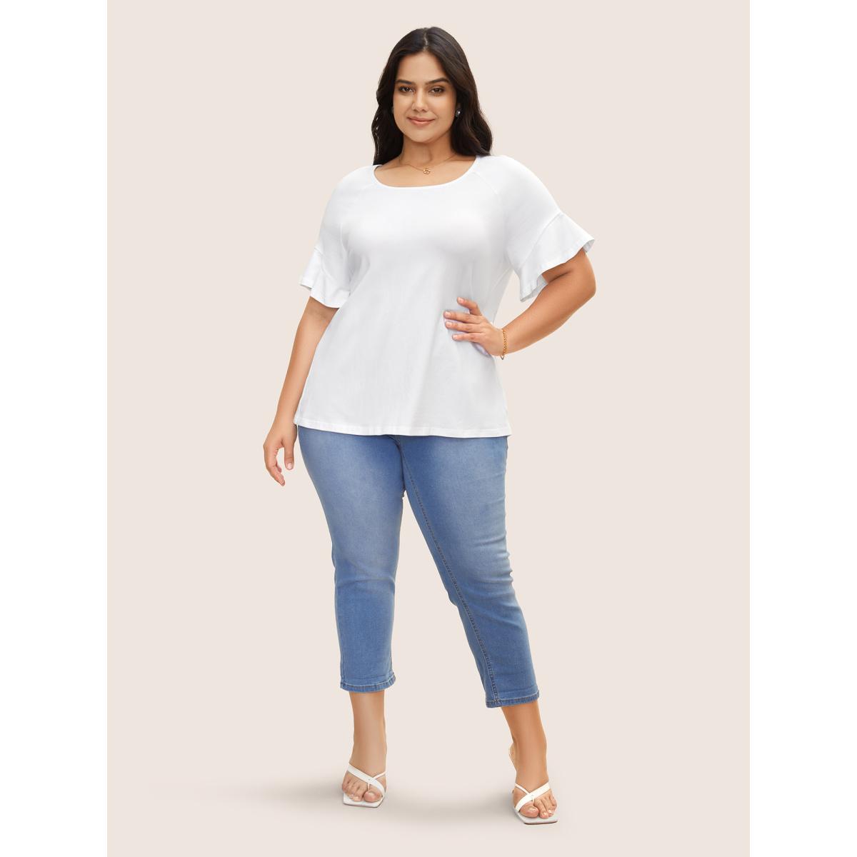 Plus Size Cotton Round Neck Plain Patchwork Ruffles T-shirt Originalwhite Women Timeless Patchwork Round Neck Elegant T-shirts BloomChic 26/4X Product Image