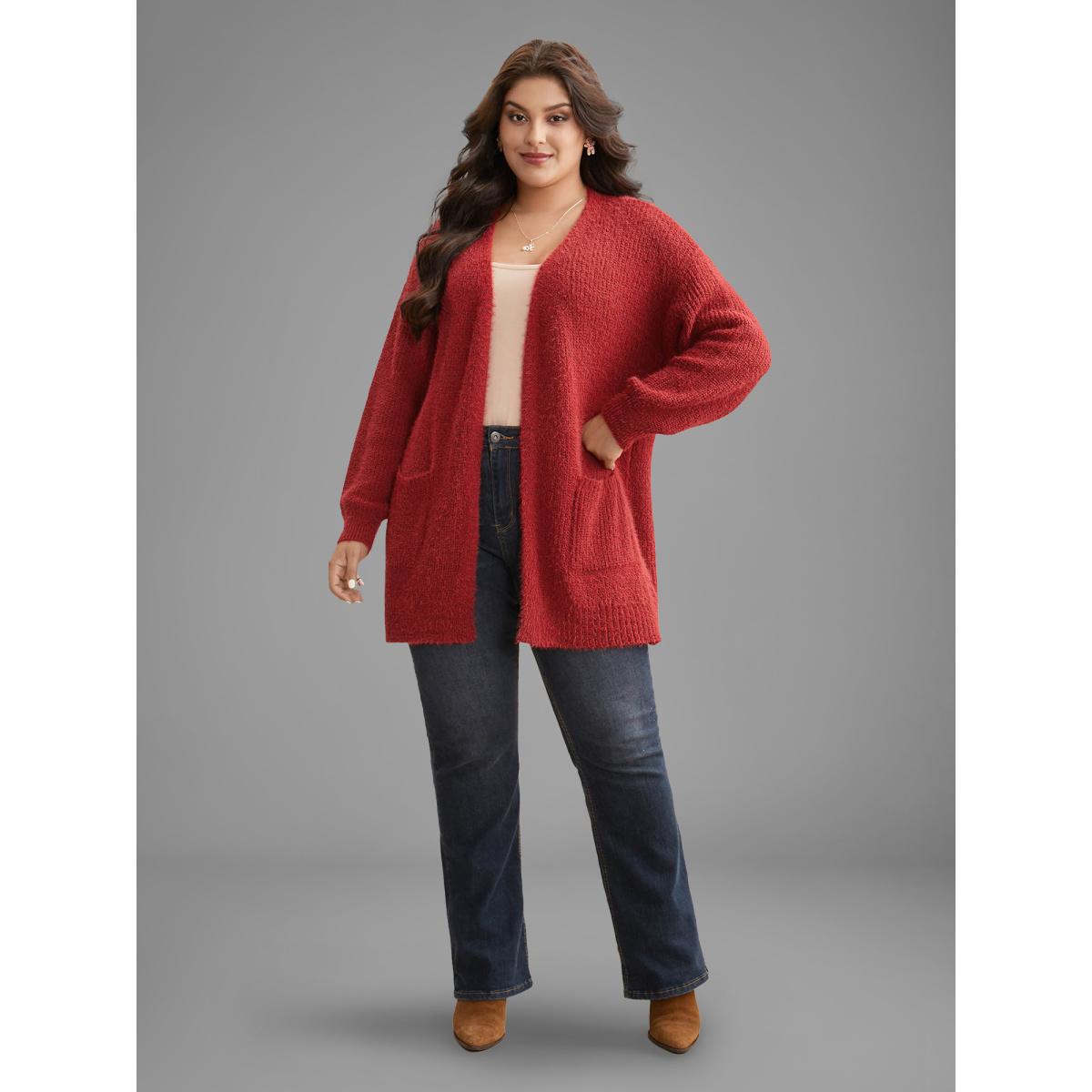 Plus Size Mink-Hair Feel Pockets Open Front Cardigan Scarlet Women Casual Loose Long Sleeve Everyday Cardigans BloomChic 14-16/1X Product Image