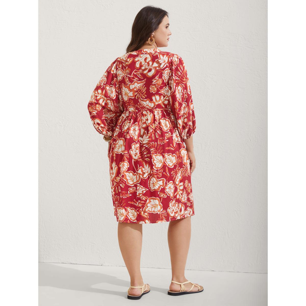 Plus Size Floral Lace Trim Button Front Midi Dress Raspberry Women Flat collar with V-notch Elbow-length sleeve Curvy BloomChic 22-24/3X Product Image