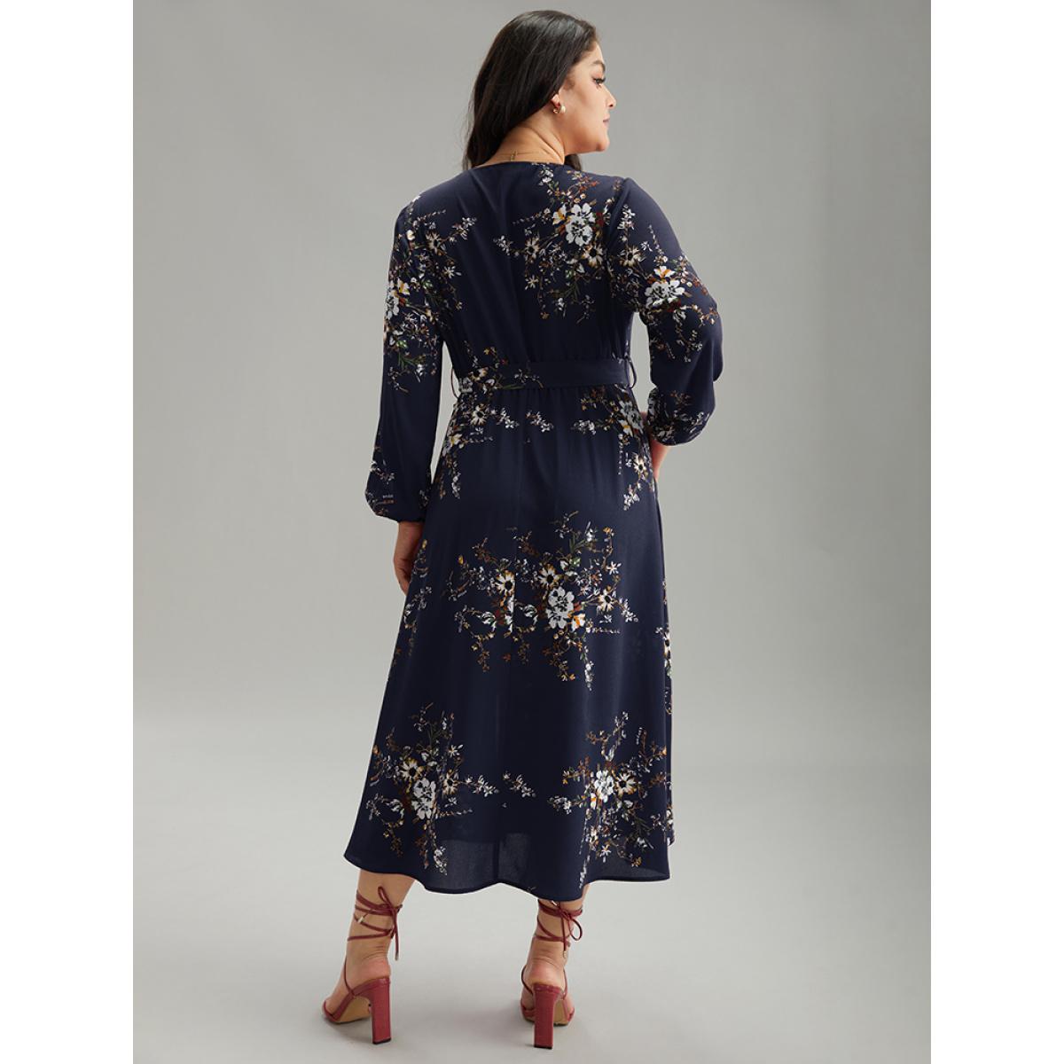 Plus Size Floral Print Belted Split Surplice Neck Dress DarkBlue Women Elegant Elastic cuffs Overlap Collar Long Sleeve Curvy Midi Dress BloomChic 28/5X Product Image