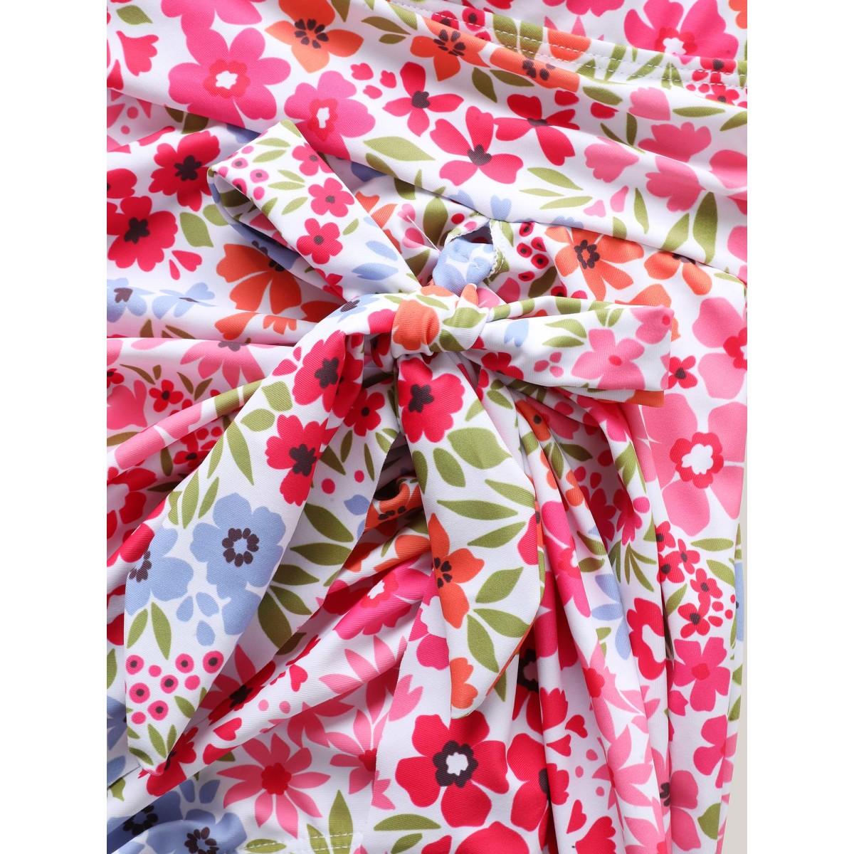 Plus Size Knotted Blooming Floral Print Swim Dress Women's Swimwear Ivory Resort Bodycon V-neck High stretch Curve Swim Dresses BloomChic 22-24/3X Product Image