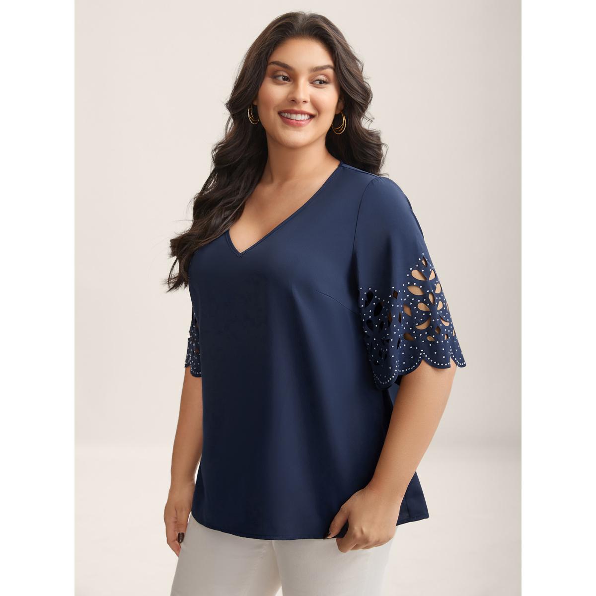 Plus Size DarkBlue Floral Cut-Out Sequin Solid Blouse Women Timeless Elbow-length sleeve V-neck Elegant Blouses BloomChic 22-24/3X Product Image