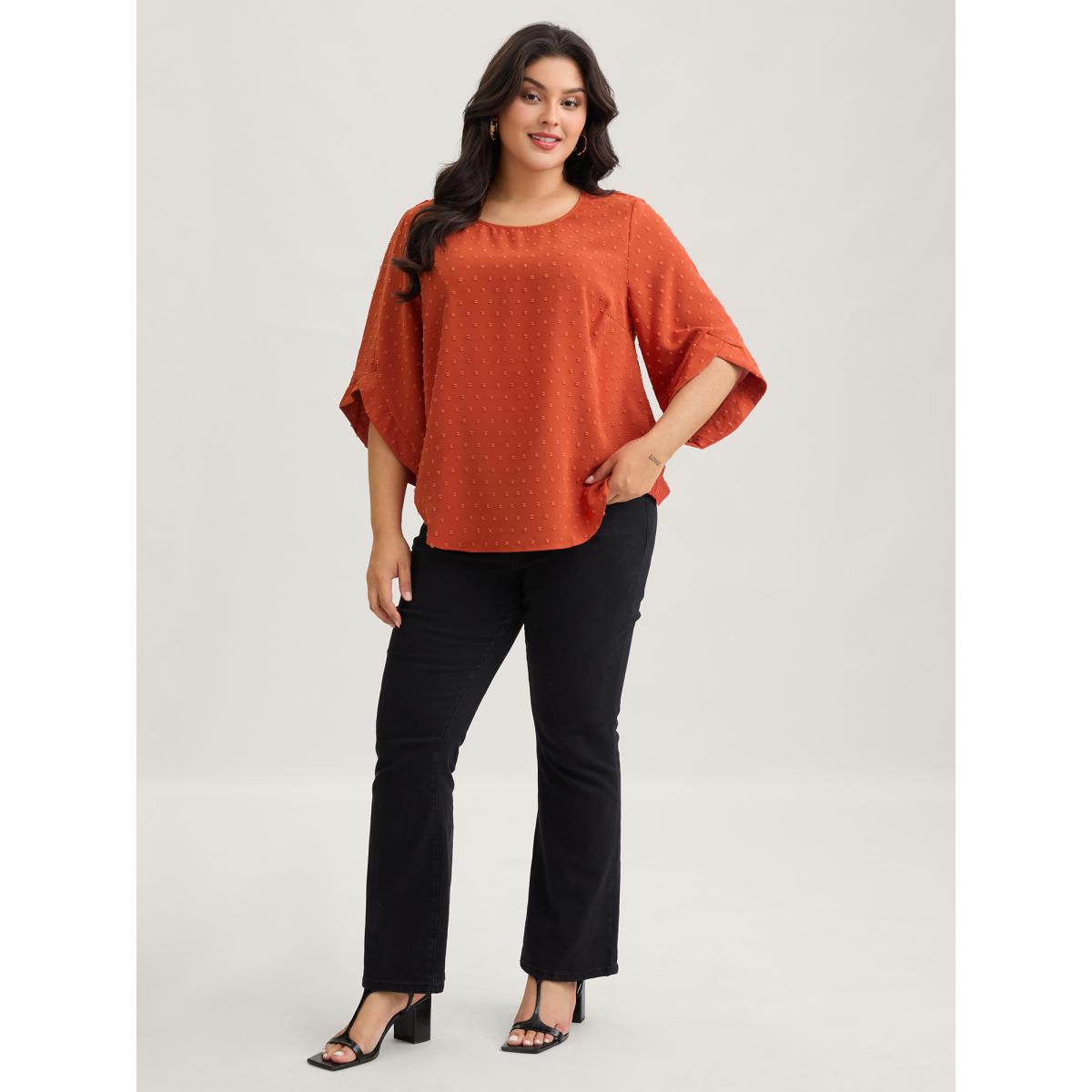 Plus Size OrangeRed Textured Round Neck Bell Sleeve Blouse Women Timeless Elbow-length sleeve Round Neck Elegant Blouses BloomChic 30/6X Product Image