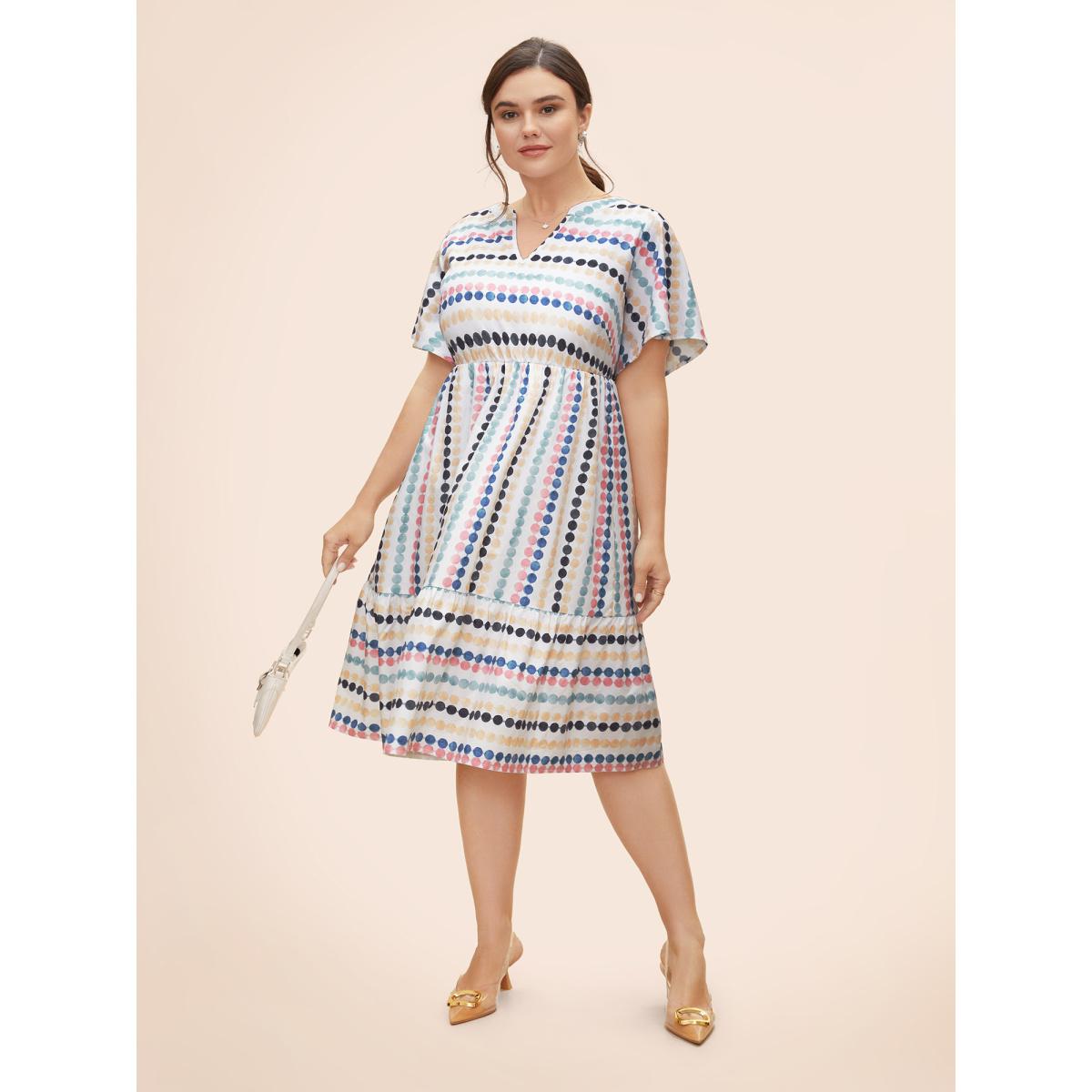 Plus Size Dot Print Elastic Waist Split Neck Midi Dress WhiteSmoke Women Playful Ruffles Flat collar with V-notch Short sleeve Curvy BloomChic 26/4X Product Image