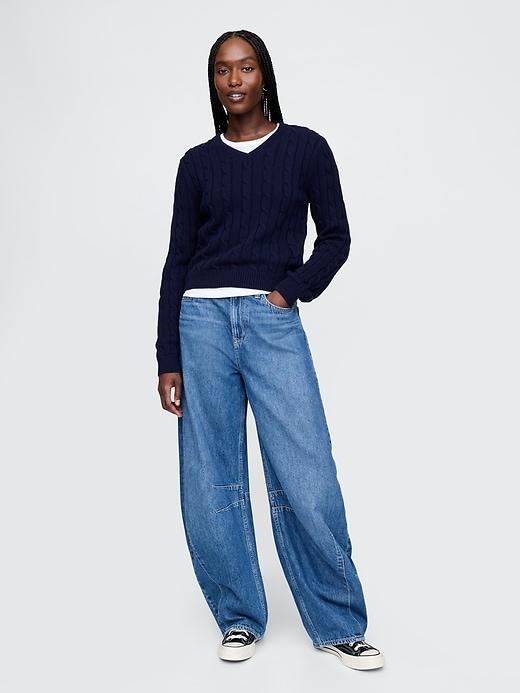 100% Cotton Cable-Knit V-Neck Sweater Product Image