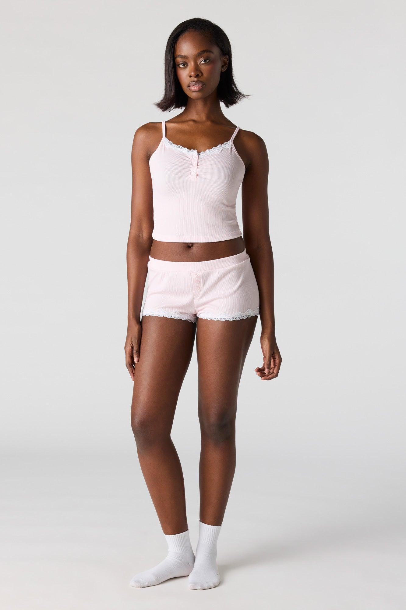 Ribbed Lace Trim Tank & Short Pajama Set Female Product Image