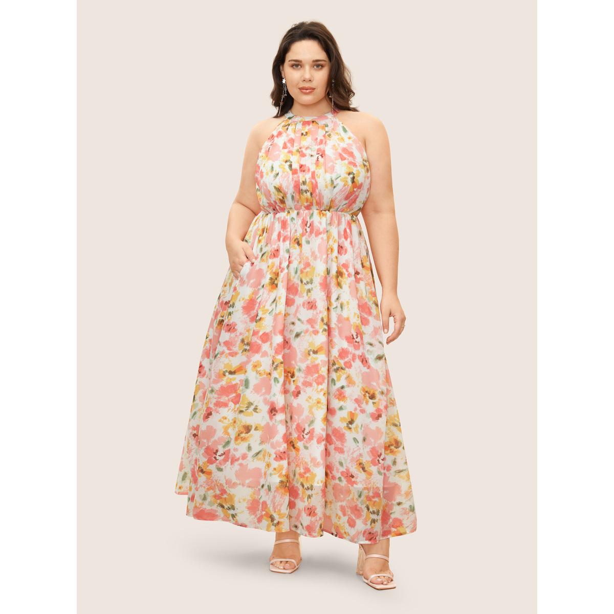 Plus Size Halter Neck Floral Pleated Pocket Dress White Women Formal Shirt collar Sleeveless Curvy BloomChic 22-24/3X Product Image