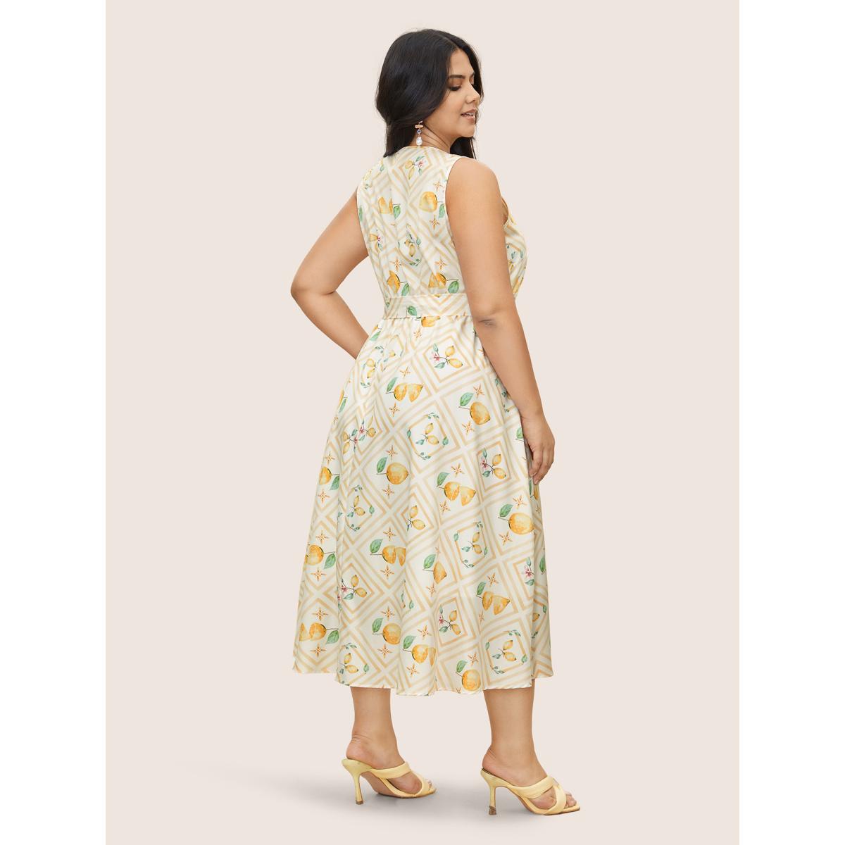Plus Size Citrus Lemon Print Gathered Belted Tank Dress Ivory Women Elegant Belted V-neck Sleeveless Curvy Midi Dress BloomChic 28/5X Product Image